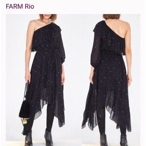 NWT Farm Rio One Shoulder Midi Dress Black With Polka Dots Sz large